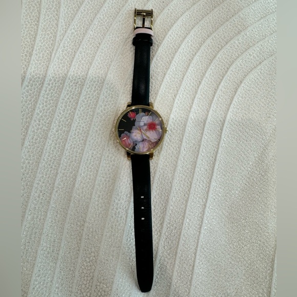 COPY - Ted Baker Gold Tone Watch with Floral Dial & Black Leather Band